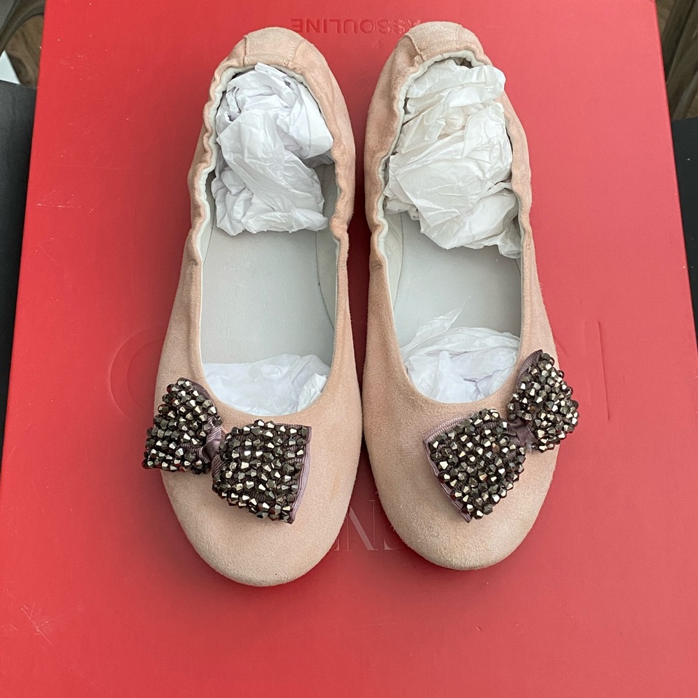 Santoni women’s pale pink rhinestones suede leather ballerina flats size 37